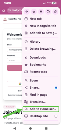 Add to Home screen option in Chrome menu